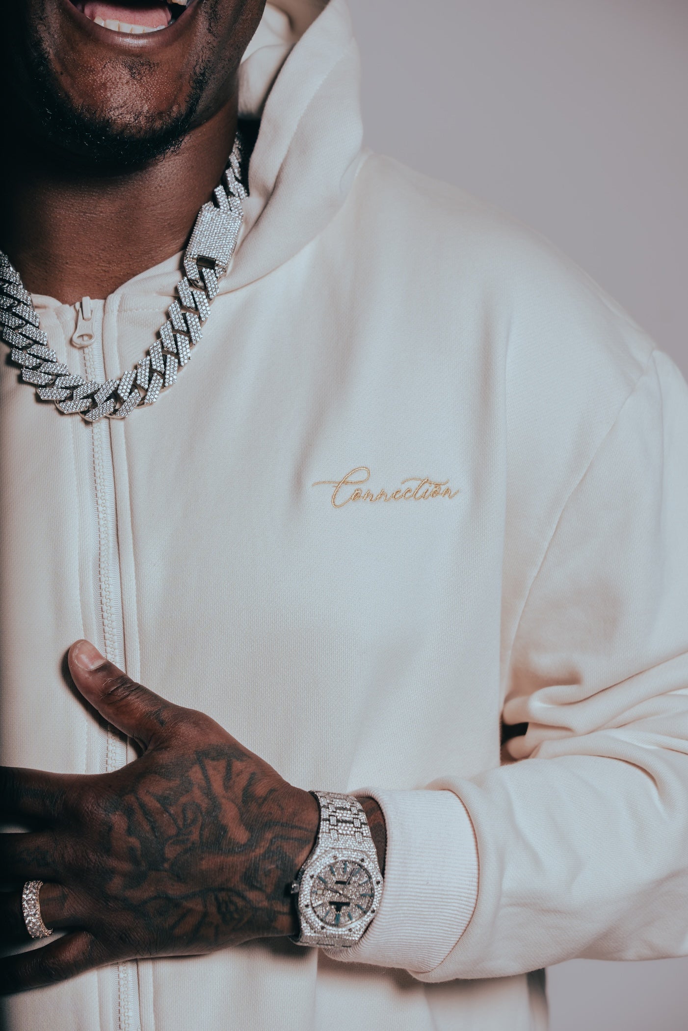 Volto Santo x Y.O.U. Connection Script Full-Zip Hoodie in Bone