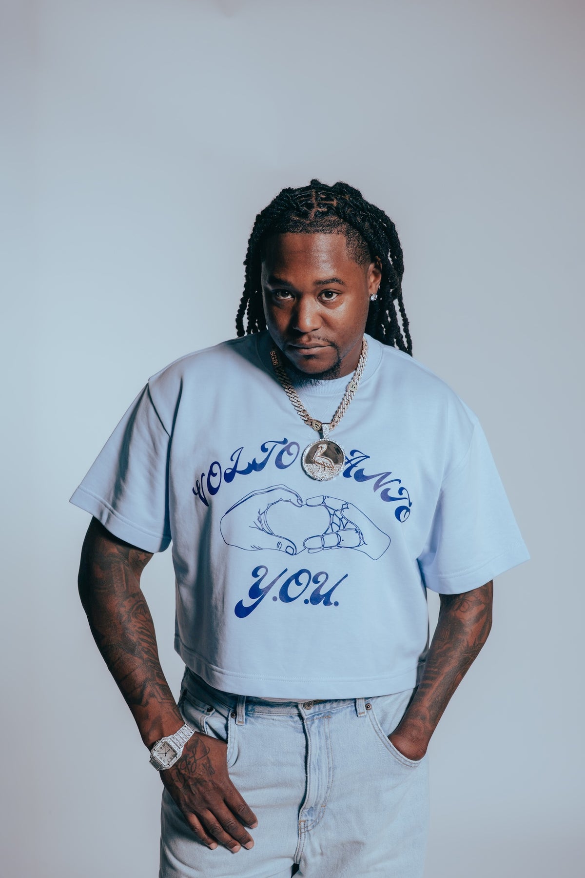 Volto Santo x Y.O.U. Heart Hands S/S Cropped Crew in Powder Blue