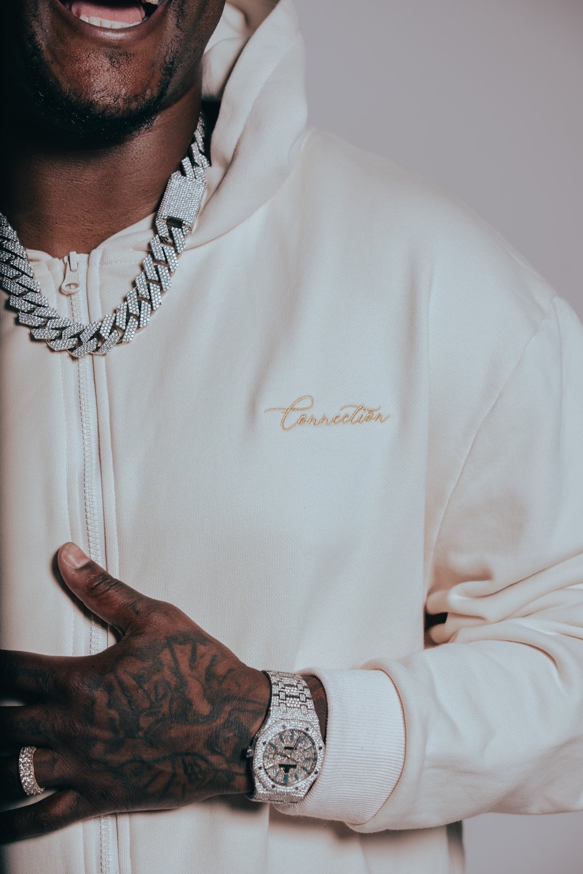 Volto Santo x Y.O.U. Connection Script Full-Zip Hoodie in Bone